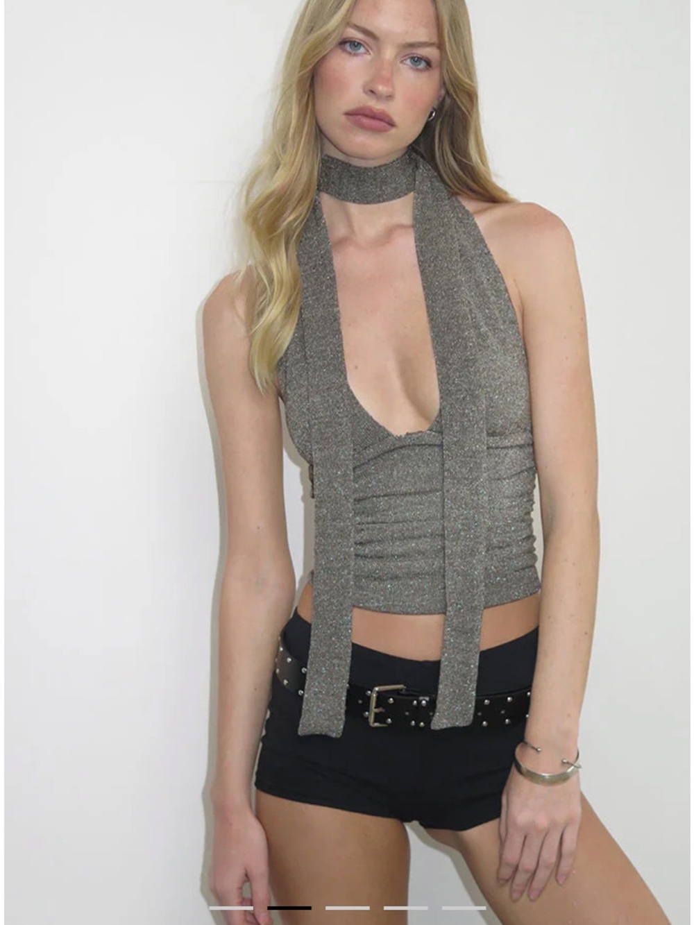Motel Rocks Metallic Gray Halter Tie-Front Camisole